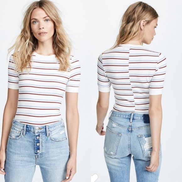 Frame Denim Tops - FRAME Denim 70s Fitted Tee Striped Burnt Henna Multi White Red Blue Size S